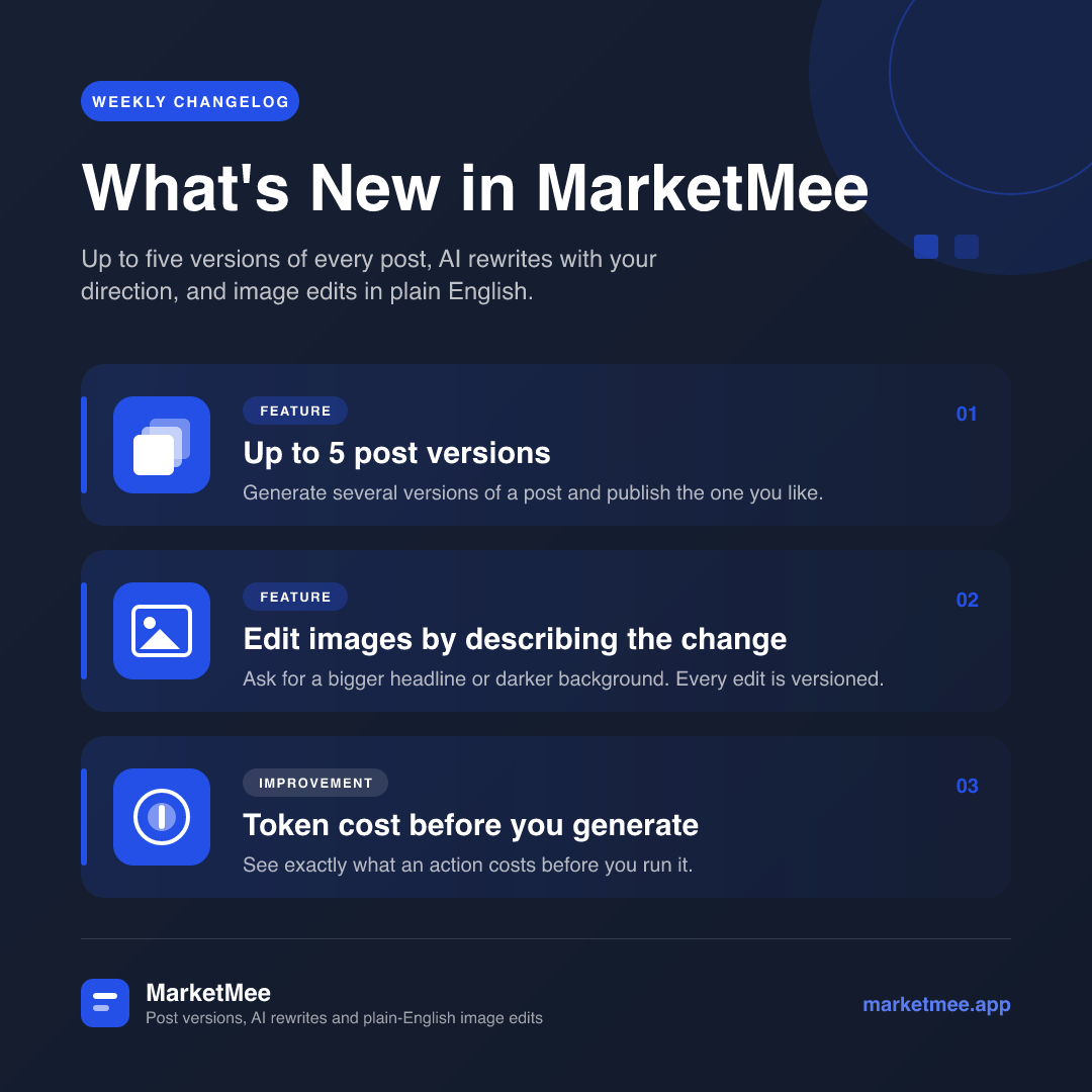 MarketMee changelog image listing post versions, image edits and token costs