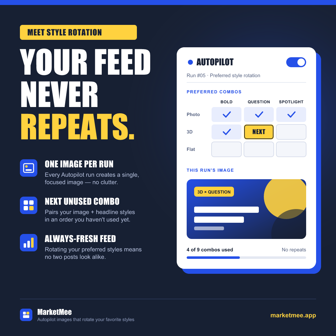 MarketMee image with a large yellow headline reading “Your feed never repeats”